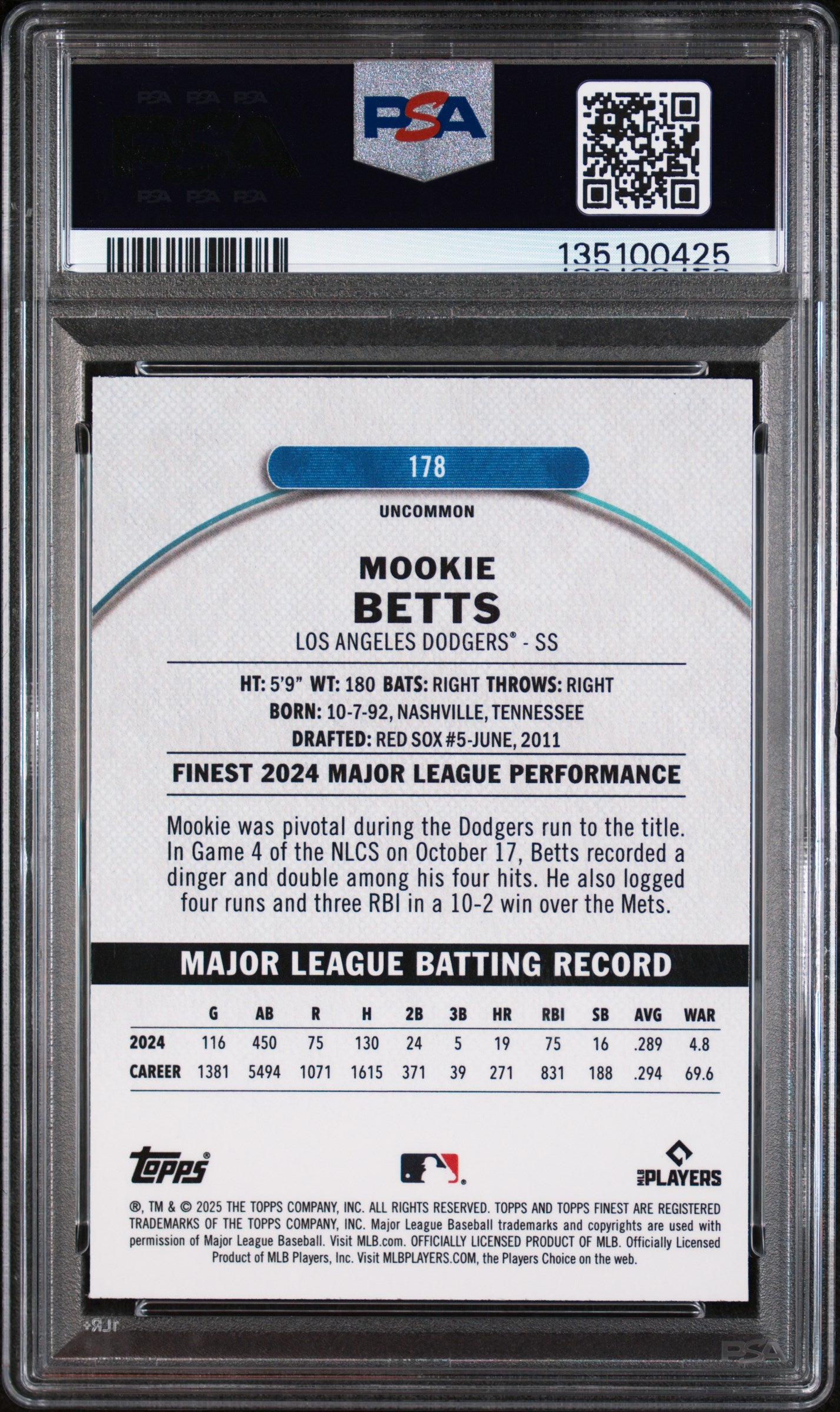 2025 Topps Finest Mookie Betts #178 Sky Blue Refractor 079/250 PSA 10
