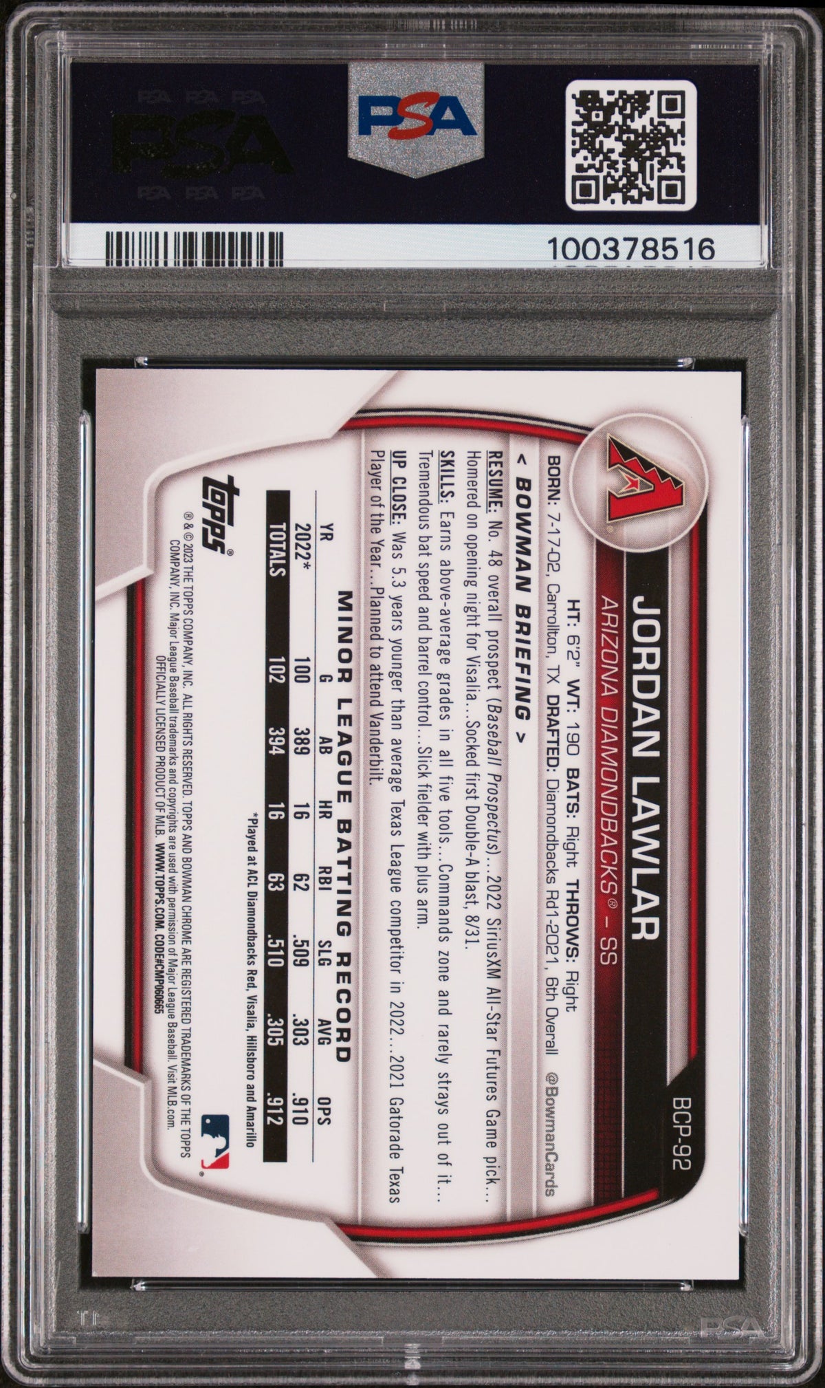 2023 Bowman Chrome Prospects Jordan Lawlar #BCP92 Blue Raywave 029/150 PSA 9
