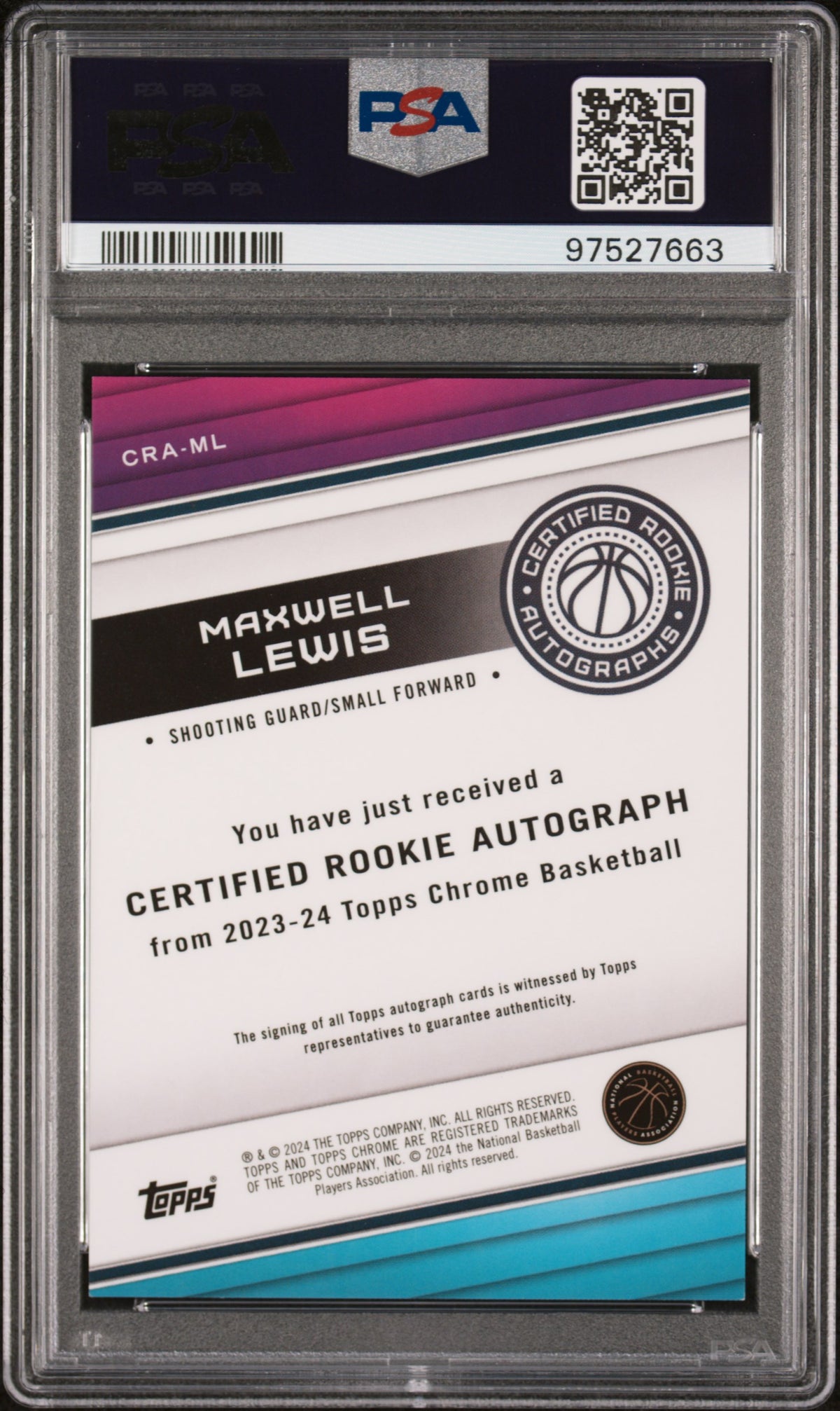 2023 Topps Chrome Certified Rookie Auto Maxwell Lewis #CRAML RK Purple PSA 10