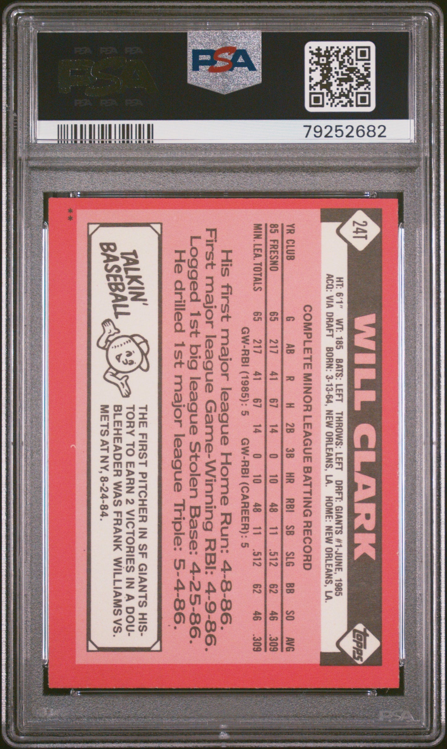 1986 Topps Traded Will Clark #24T PSA 8
