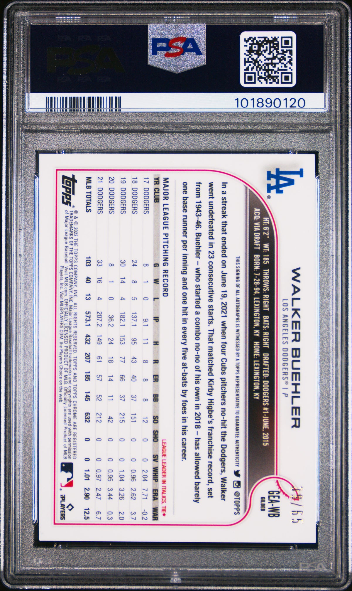 2022 Topps Gilded Collection Chrome Gold Etch Auto Walker Buehler #WB PSA 8