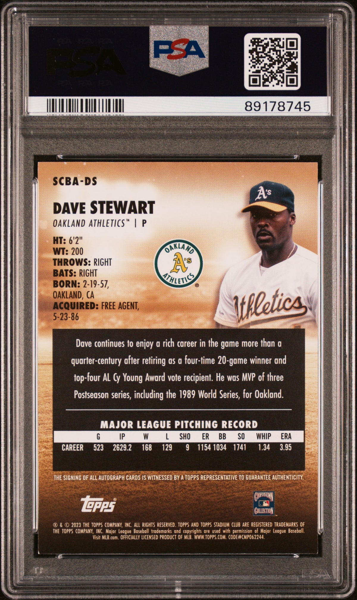 2022 Topps Stadium Club Base Autographs Dave Stewart #SCBADS PSA 8.5