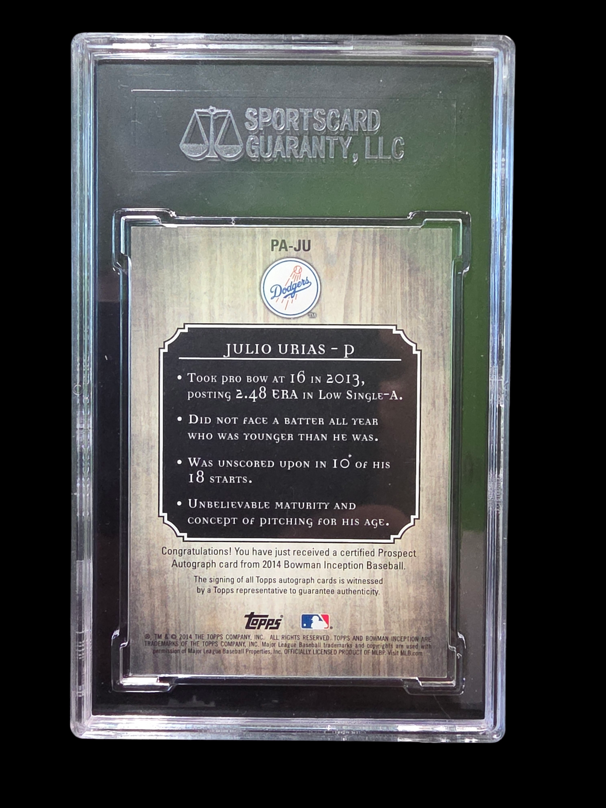 2014 Bowman Inception Julio Urias #PA-JU Autograph Gold SGC 9