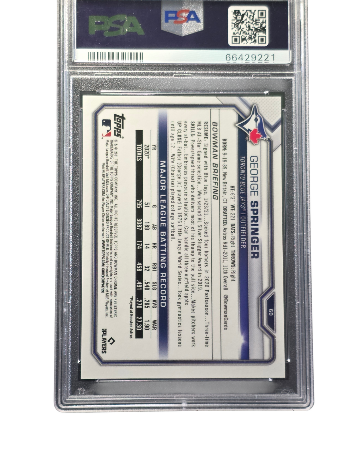 2021 Bowman Chrome George Springer #60 Red Refractor PSA 9