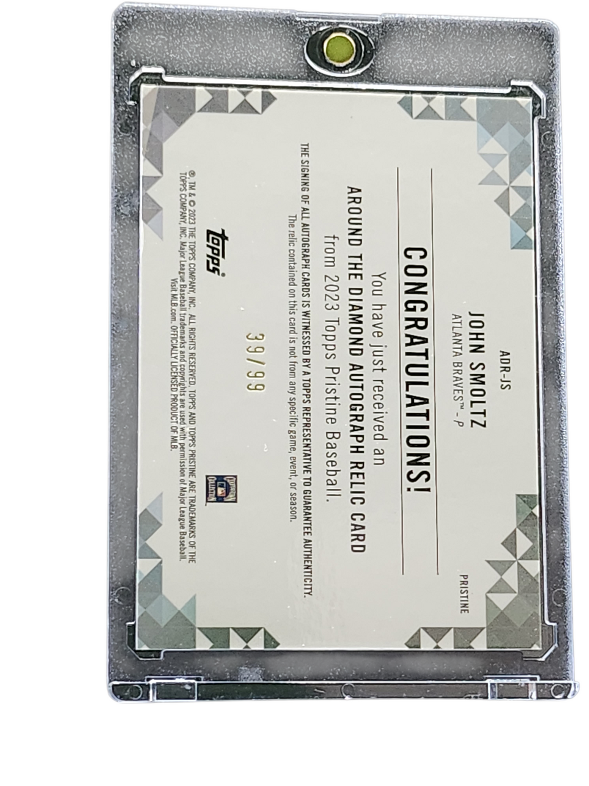 2023 Topps Pristine John Smoltz #APR-JS Bat Relic Auto Issue 39/99 Game-Used