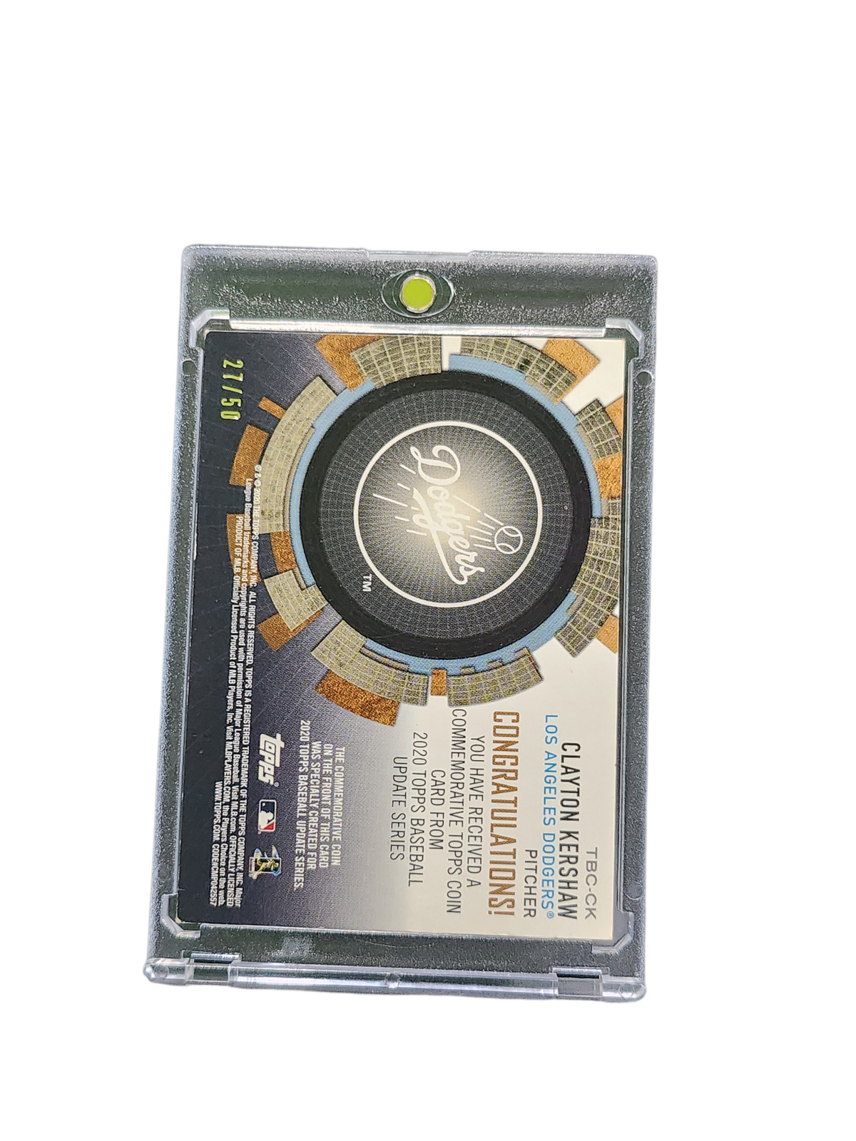 2020 Topps Update Series Clayton Kershaw #TBC-CK Commemorative Coin 27/50