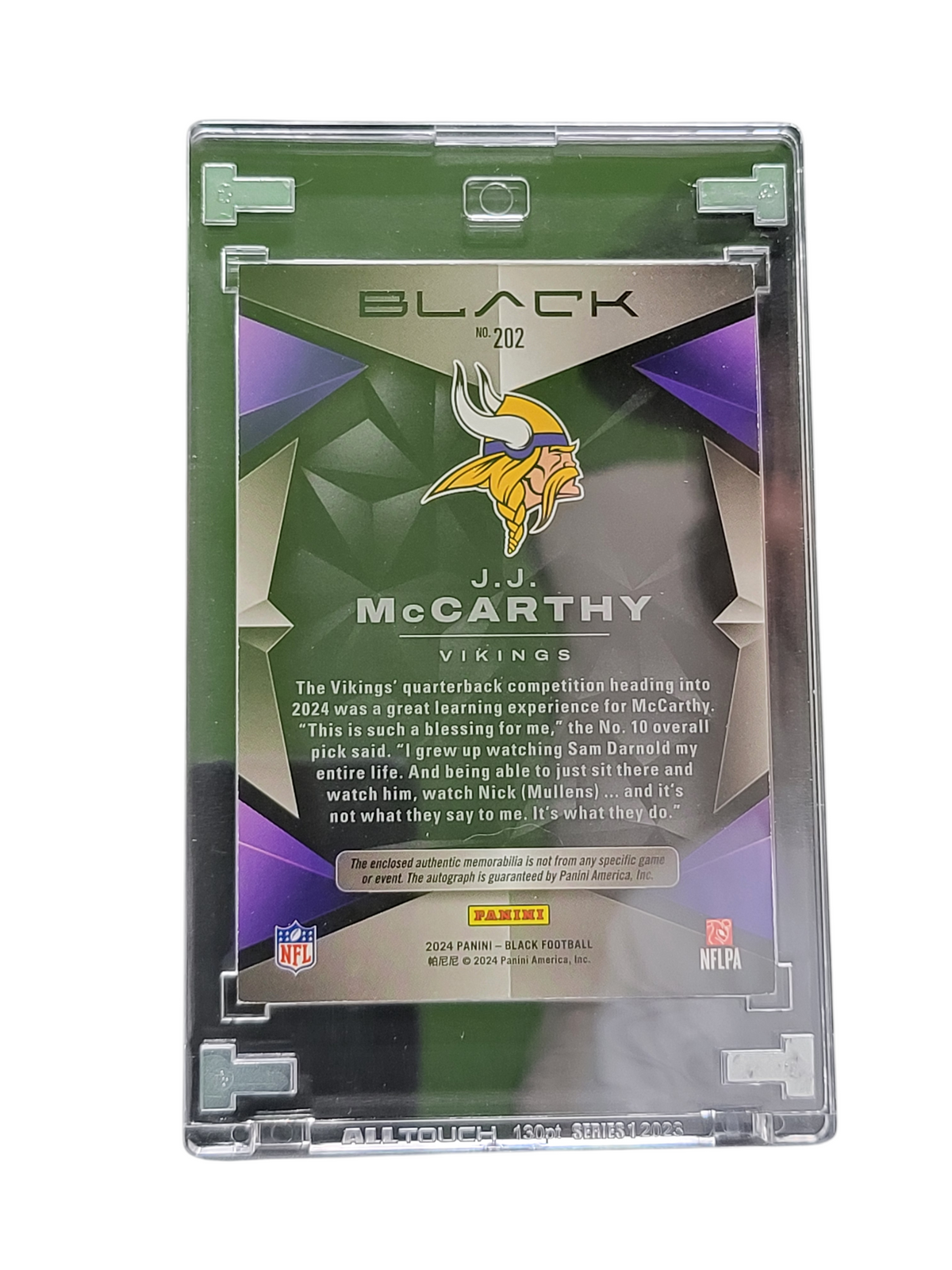 2024 Panini Black J.J. McCarthy #202 RC 030/199 Memorabilia