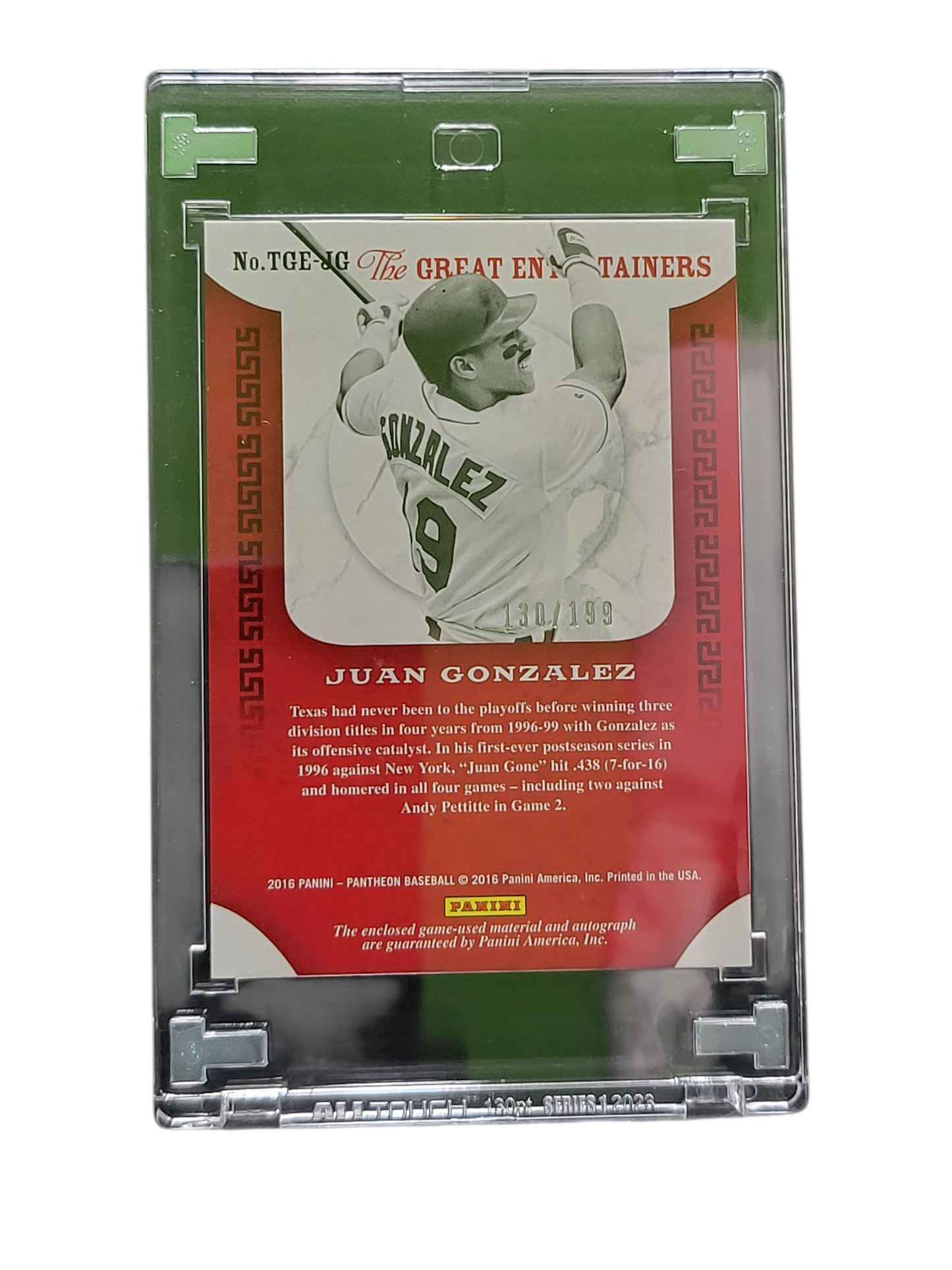2016 Panini Pantheon Baseball  Juan Gonzalez #TGE-JG Triple Relic /199