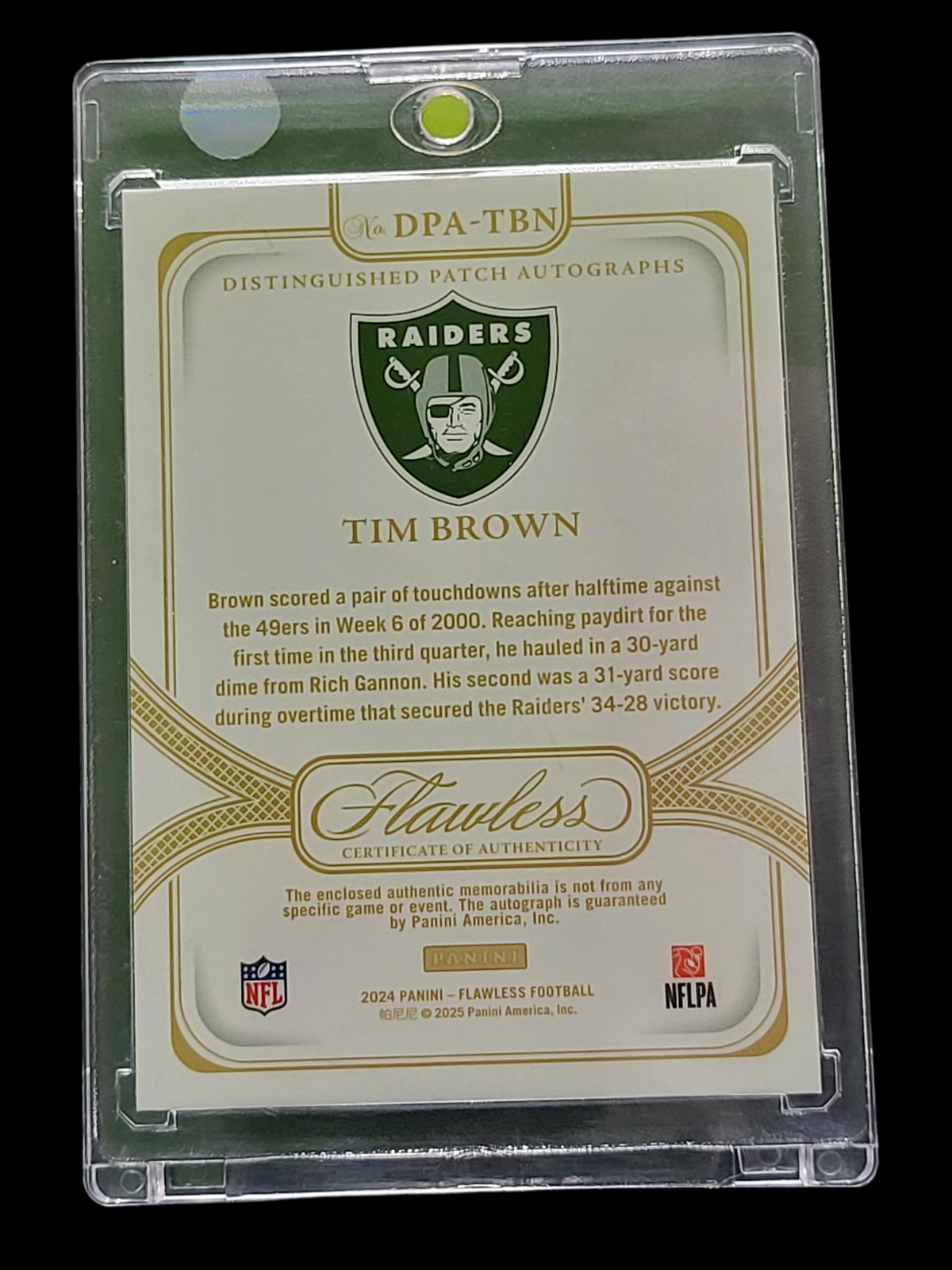2025 Panini Flawless Football Tim Brown DPA-TBN Patch Auto Patch /15 Memorabilia
