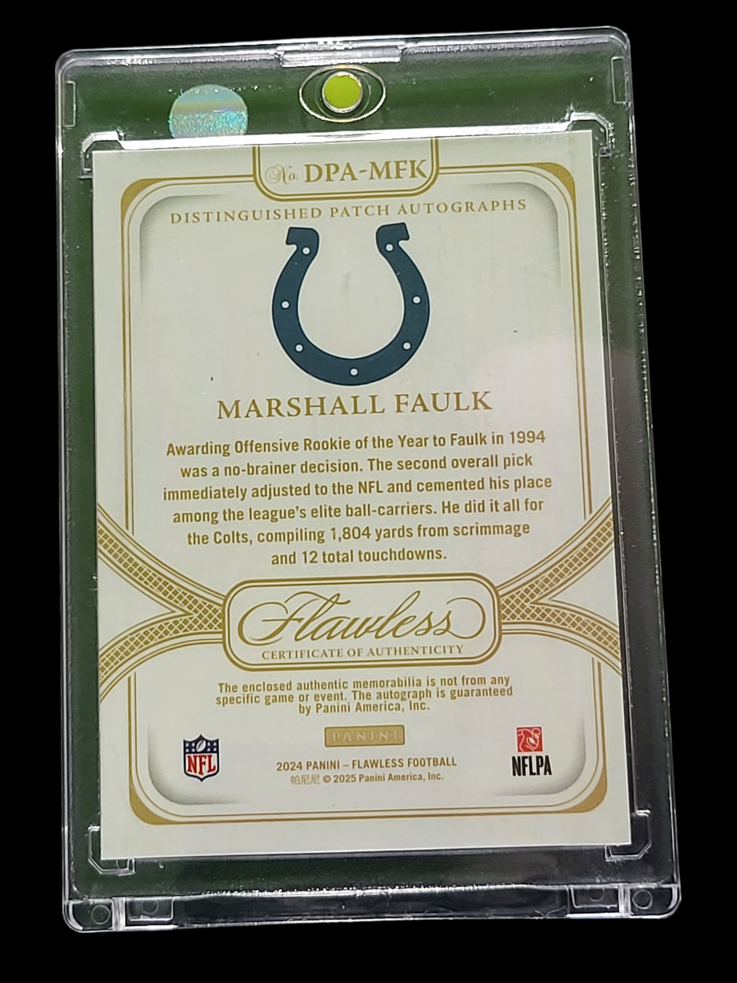 2025 Panini Flawless Marshall Faulk #DPA-MFK Patch 12/25 Memorabilia
