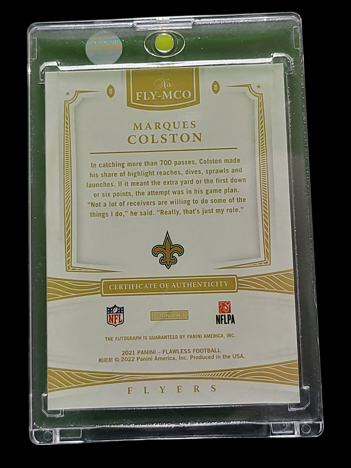 2022 Panini Flawless Flawless Flyers Marques Colston #FLY-MCO Blue 10/10