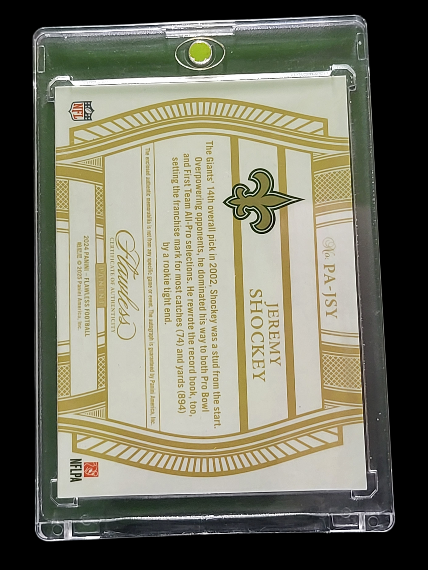 2025 Panini Flawless Jeremy Shockey #PA-JSY Autograph 09/15 Patch