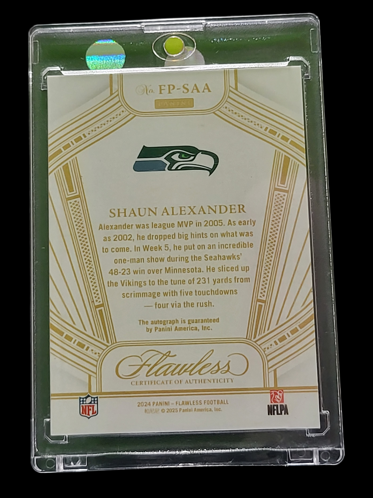 2025 Panini Flawless Football Shaun Alexander #FP-SAA Ruby 01/15 Five