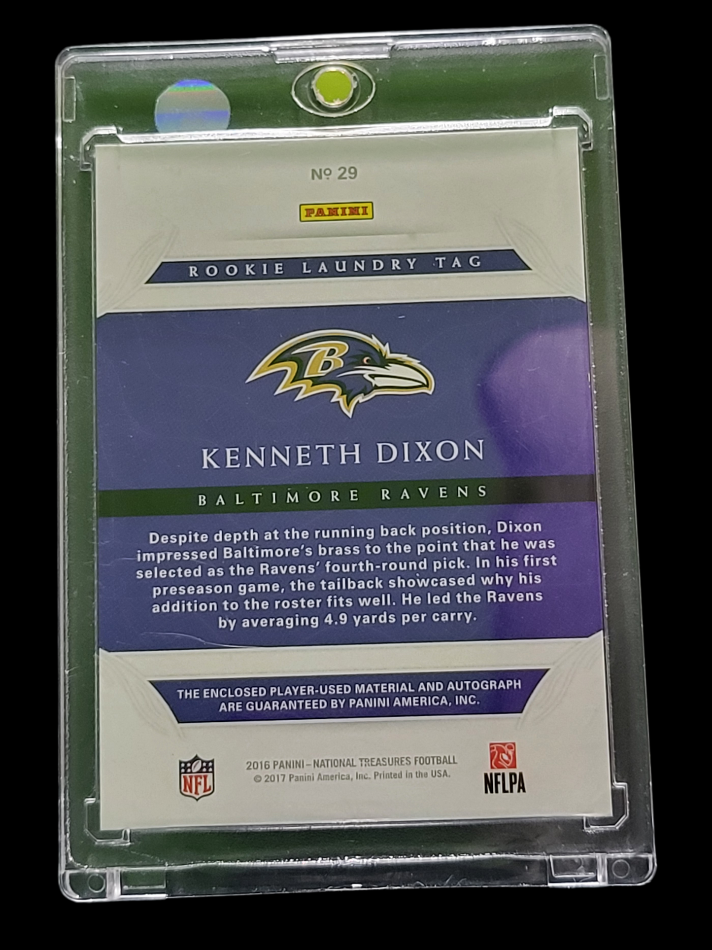 2017 Panini National Treasures Kenneth Dixon #29 Rookie Laundry Tag Shield Patch