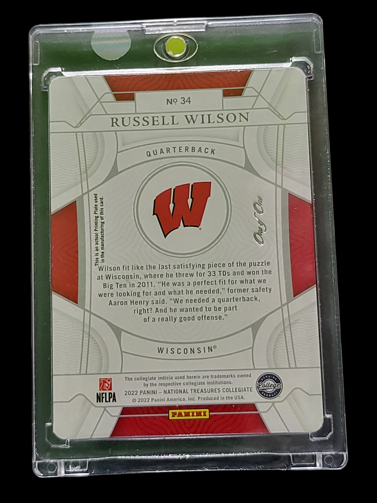 2022 Panini National Treasures Russell Wilson #34 Cyan Printing Plate 1-of-1