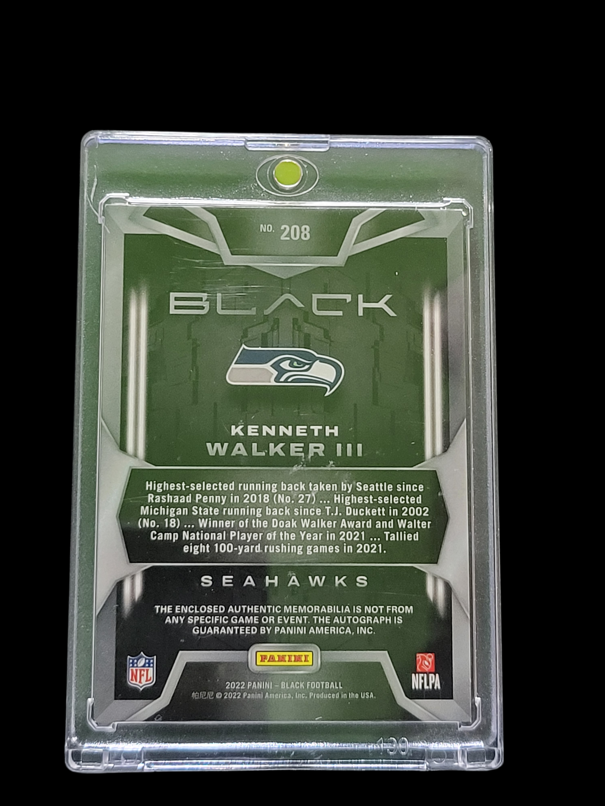 2022 Panini Black Kenneth Walker III #208 Patch 149/199 RC