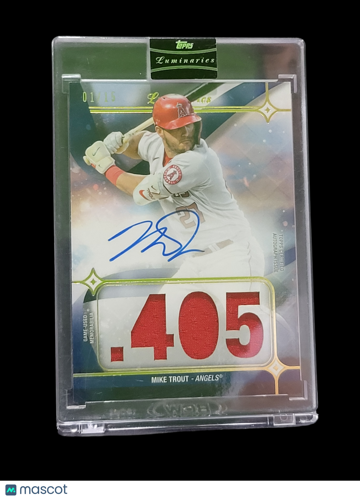 2023 Topps Luminaries Mike Trout #HKAR-MT 01/15 Game-Used Memorabilia Autographed Relic Card