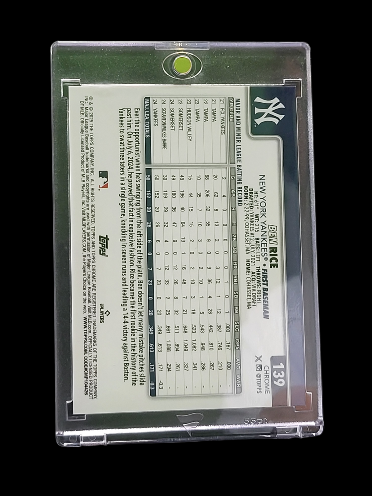 2025 Topps Chrome Ben Rice #139 Gold RayWave RC 41/50