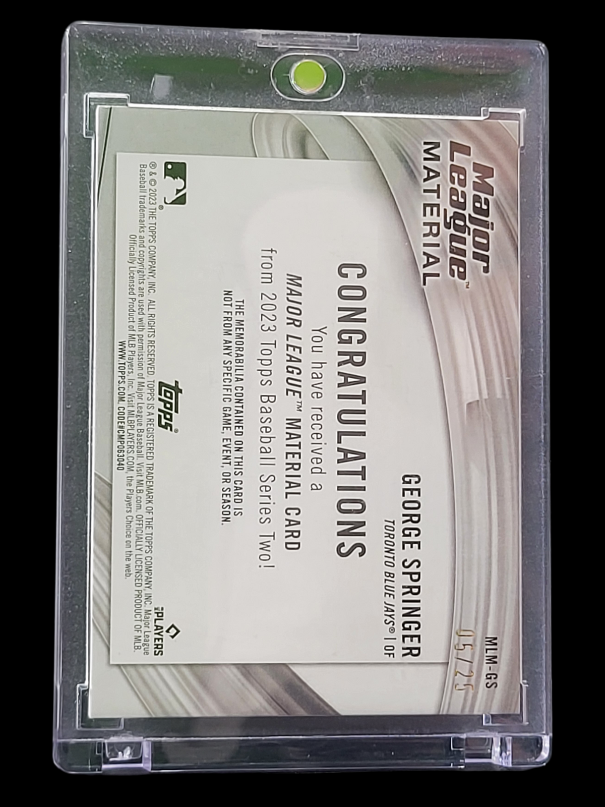 2023 Topps Major League Material George Springer #MLM-GS 05/25 Game-Used