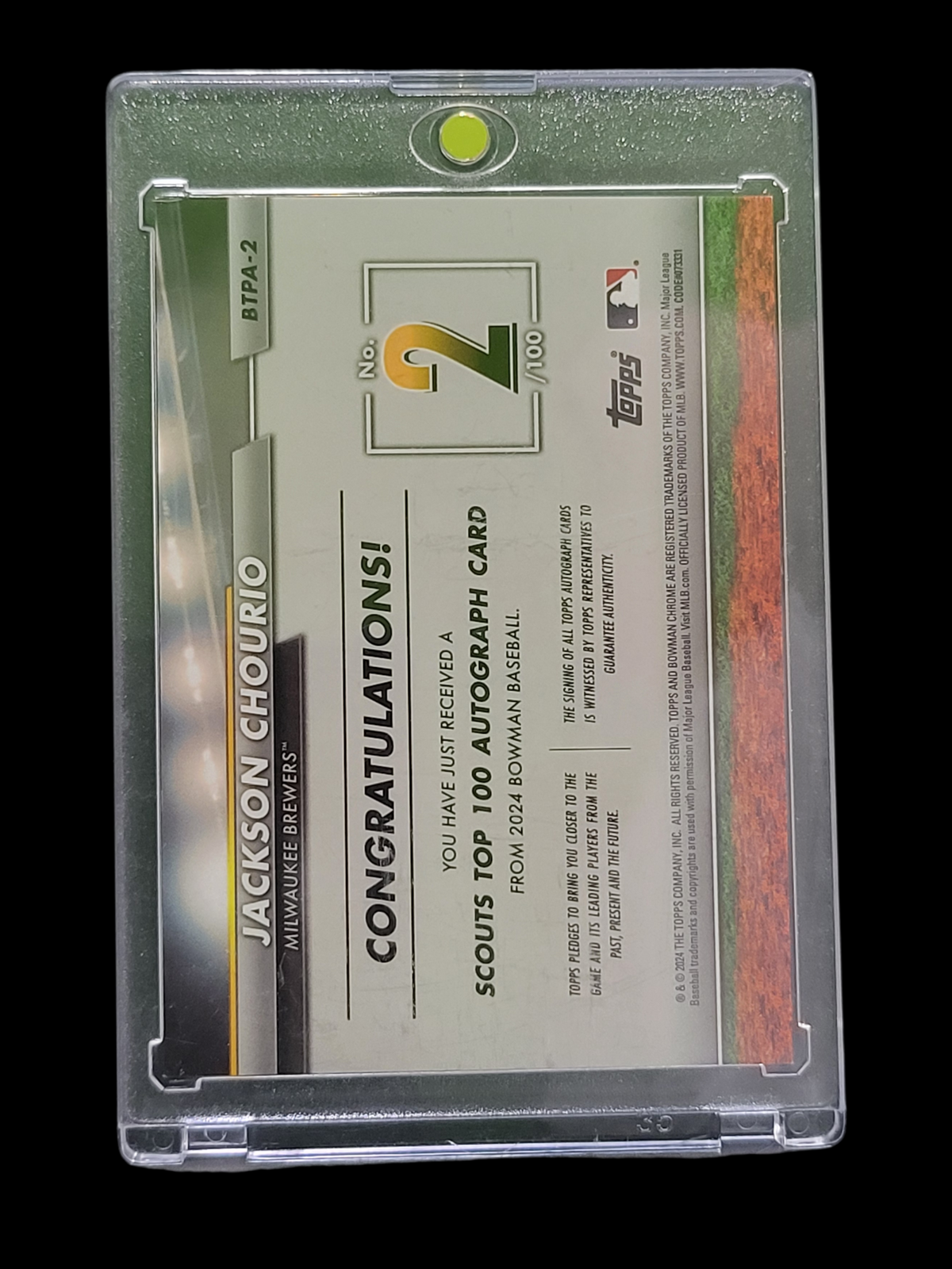 2024 Bowman Baseball Scouts Top 100 Chrome Jackson Chourio #BTPA-2 Green /100