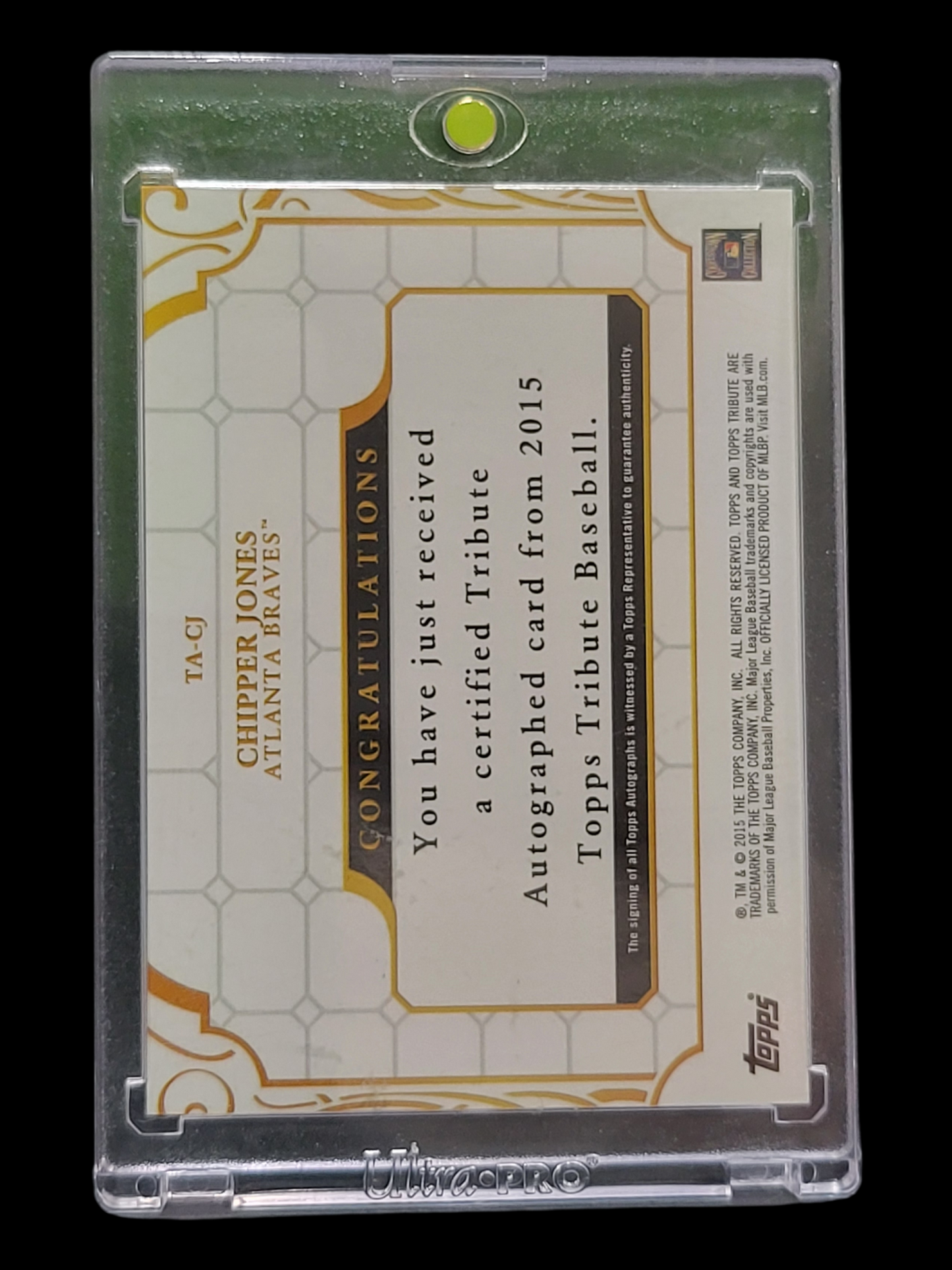 2015 Topps Tribute Chipper Jones #TA-CJ Gold Topps Certified Autograph Issue