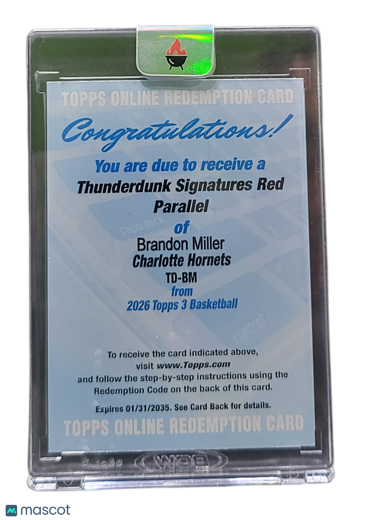 2026 Topps Basketball Thunderdunk Brandon Miller #TD-BM Red Parallel Redemption
