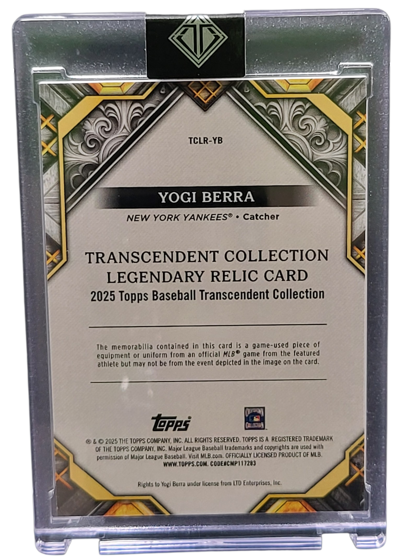 2025 Topps Transcendent Yogi Berra #TCLR-YB Legendary Relic Card Game-Used 5/5