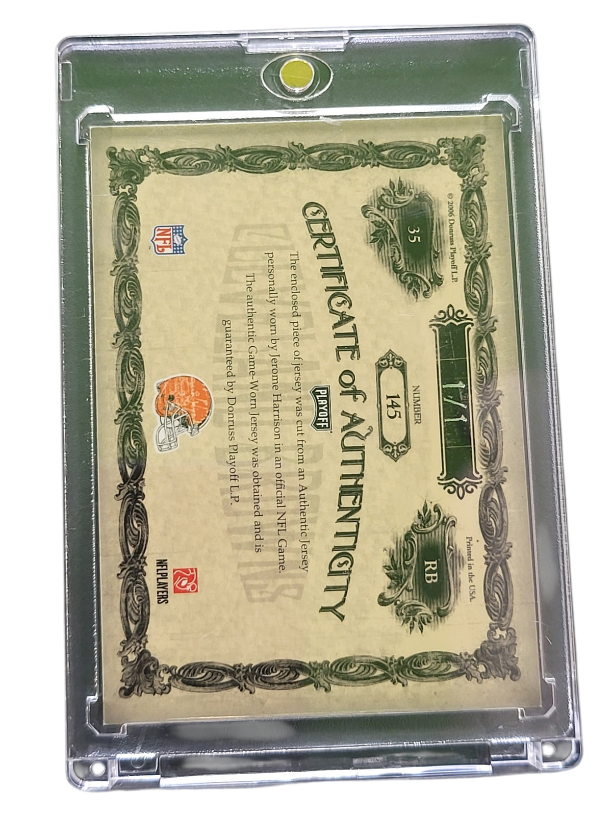 2006 Donruss Playoff National Treasures Jerome Harrison #145 1/1 -Worn ID Tag
