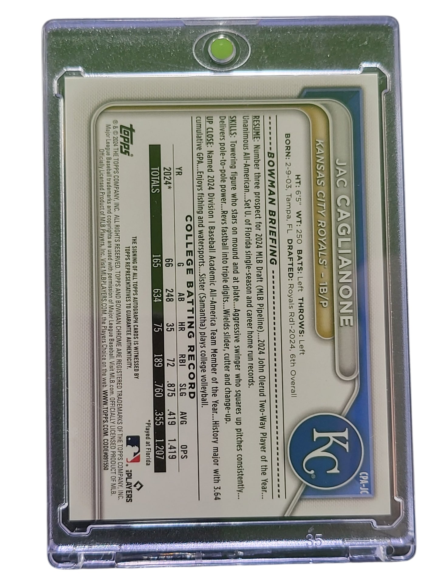 2024 Bowman Chrome Jac Caglianone #CPA-JC Green Refractor 76/99 1st Bowman