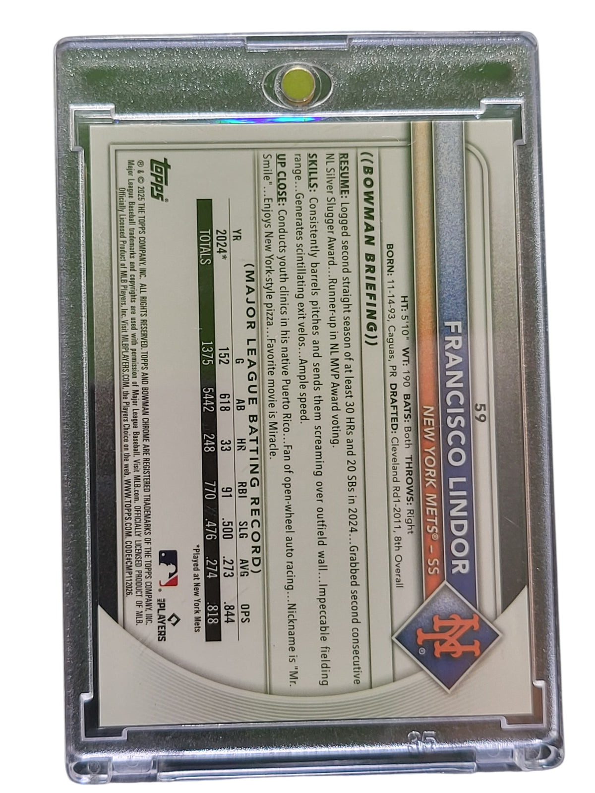 2025 Bowman Chrome Francisco Lindor #59 Gold Refractor 17/50