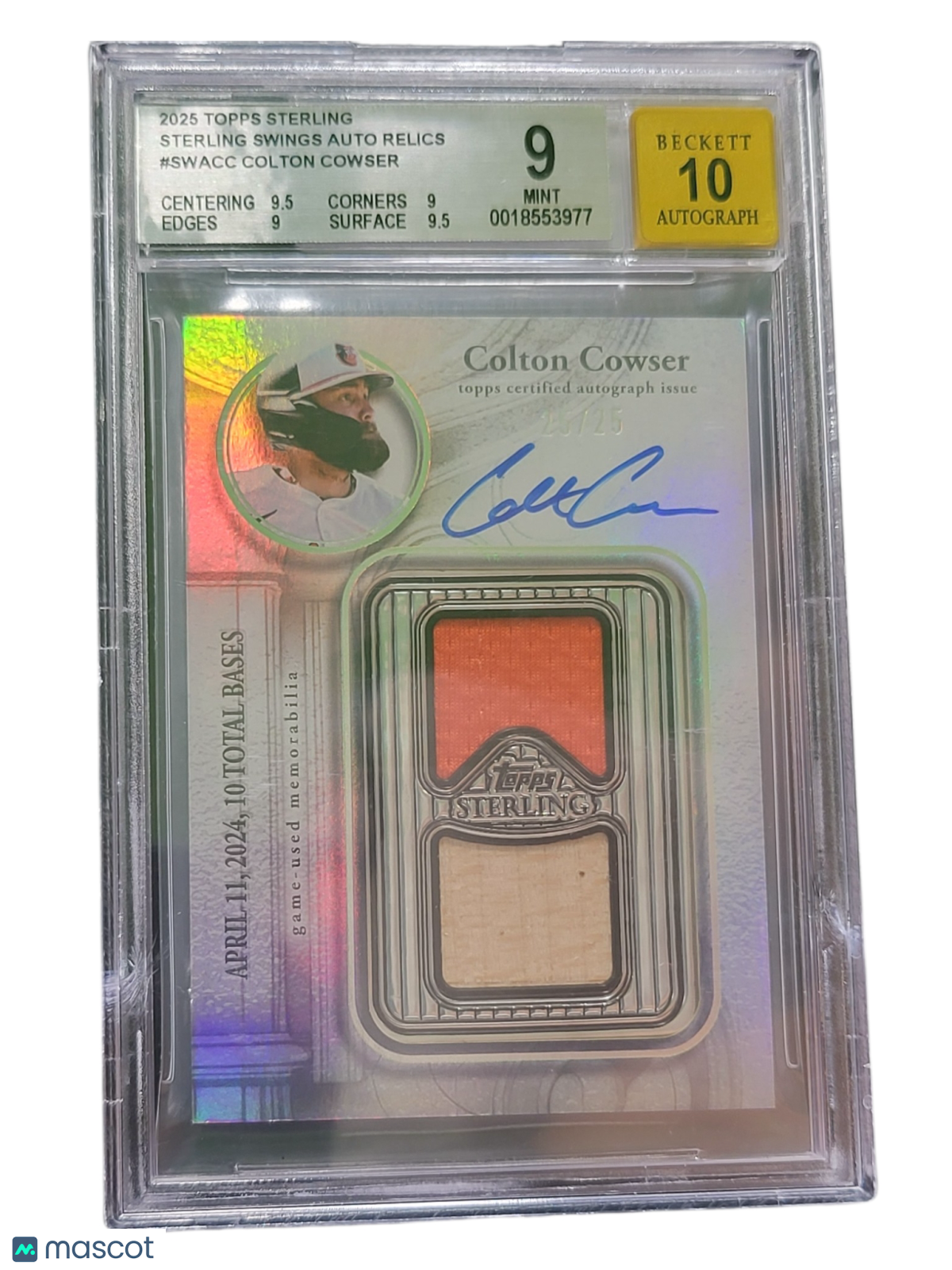 2025 Topps Sterling Sterling Swings Autograph Relics Colton Cowser #SWACC BGS 9 Auto 10