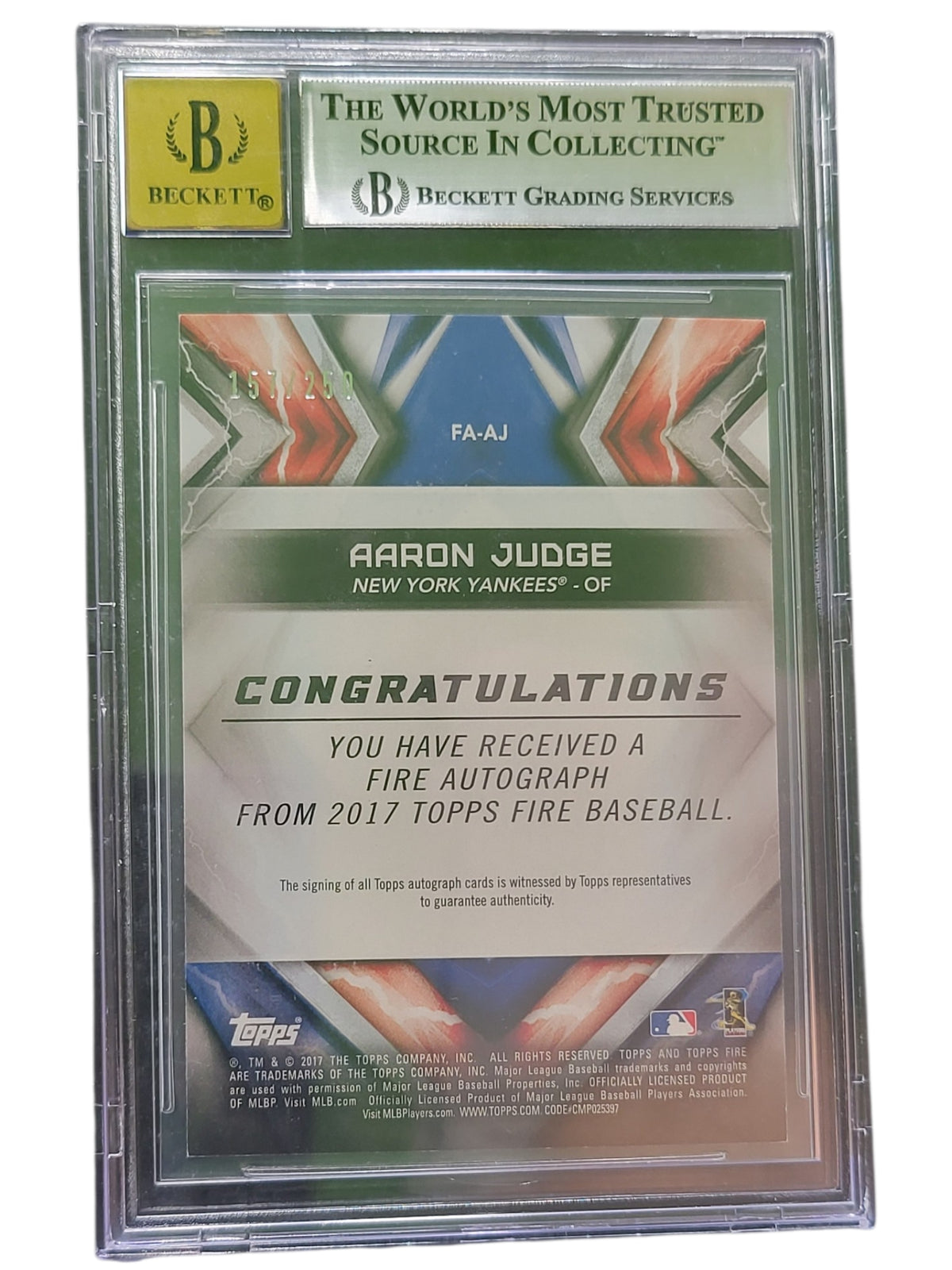 2017 Topps Fire Autographs Aaron Judge #FAAJ /250 BGS 9 Auto 10