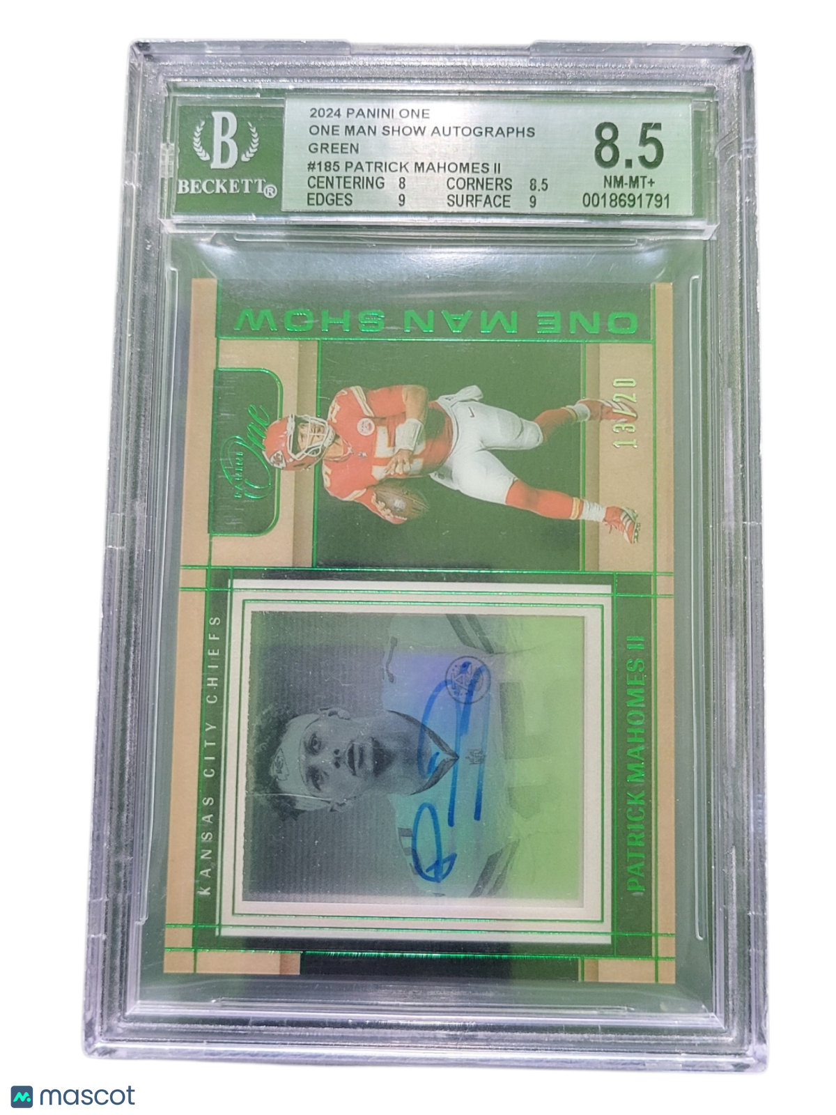 2024 Panini One One Man Show Auto Green Patrick Mahomes II #185 BGS 8.5 Auto 9