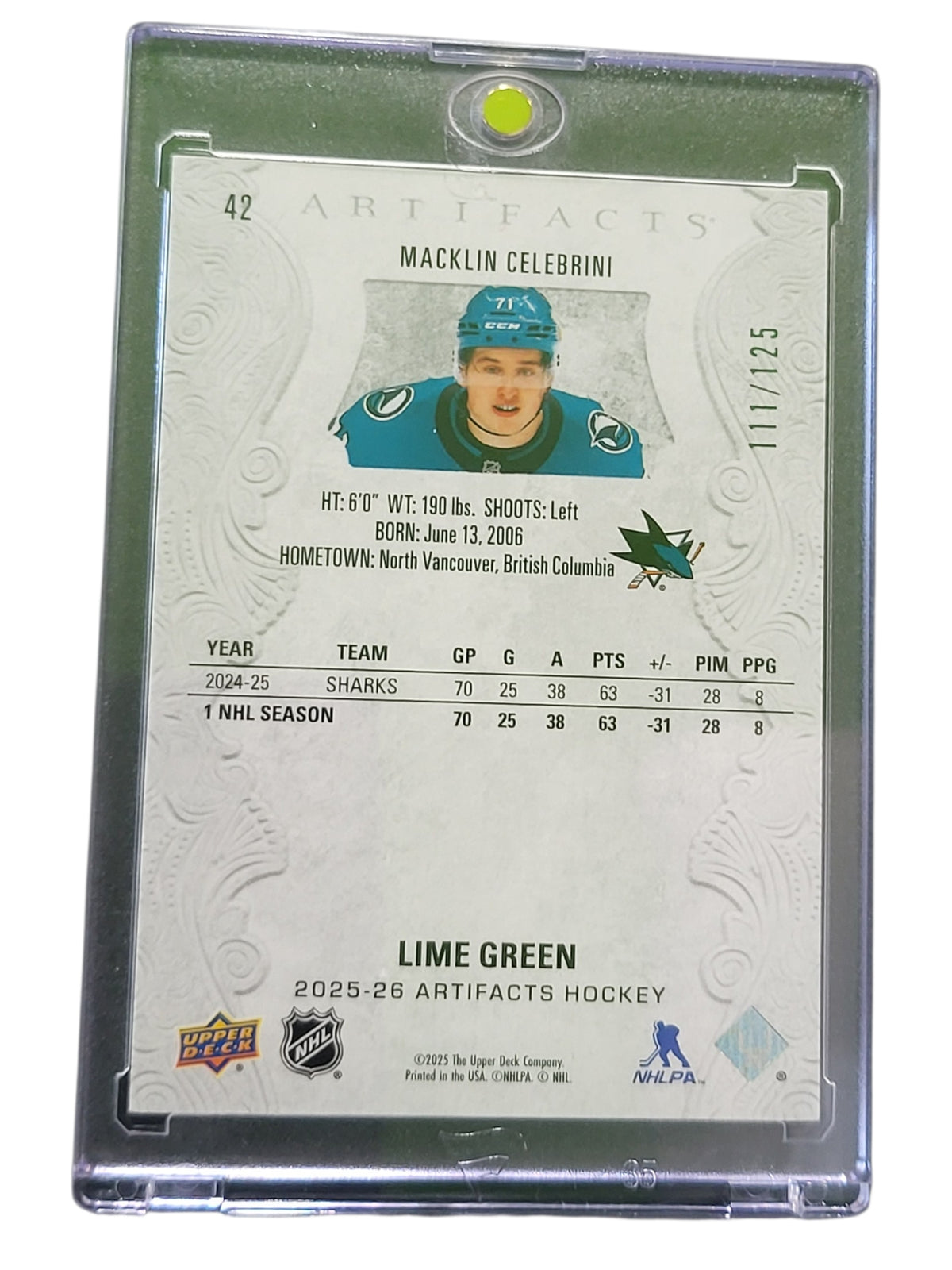 2025 Upper Deck Artifacts Macklin Celebrini #42 Lime Green 111/125