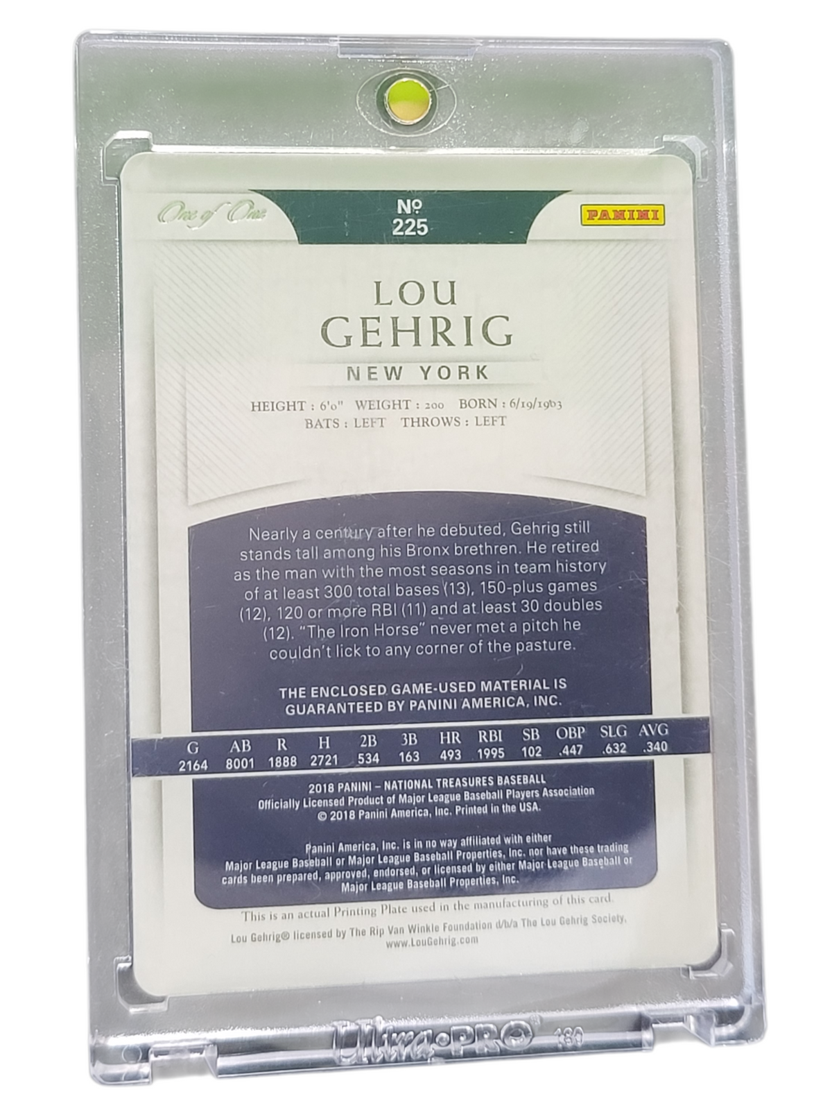 2018 Panini National Lou Gehrig #225 Magenta Plate Printing Plate Game-Used