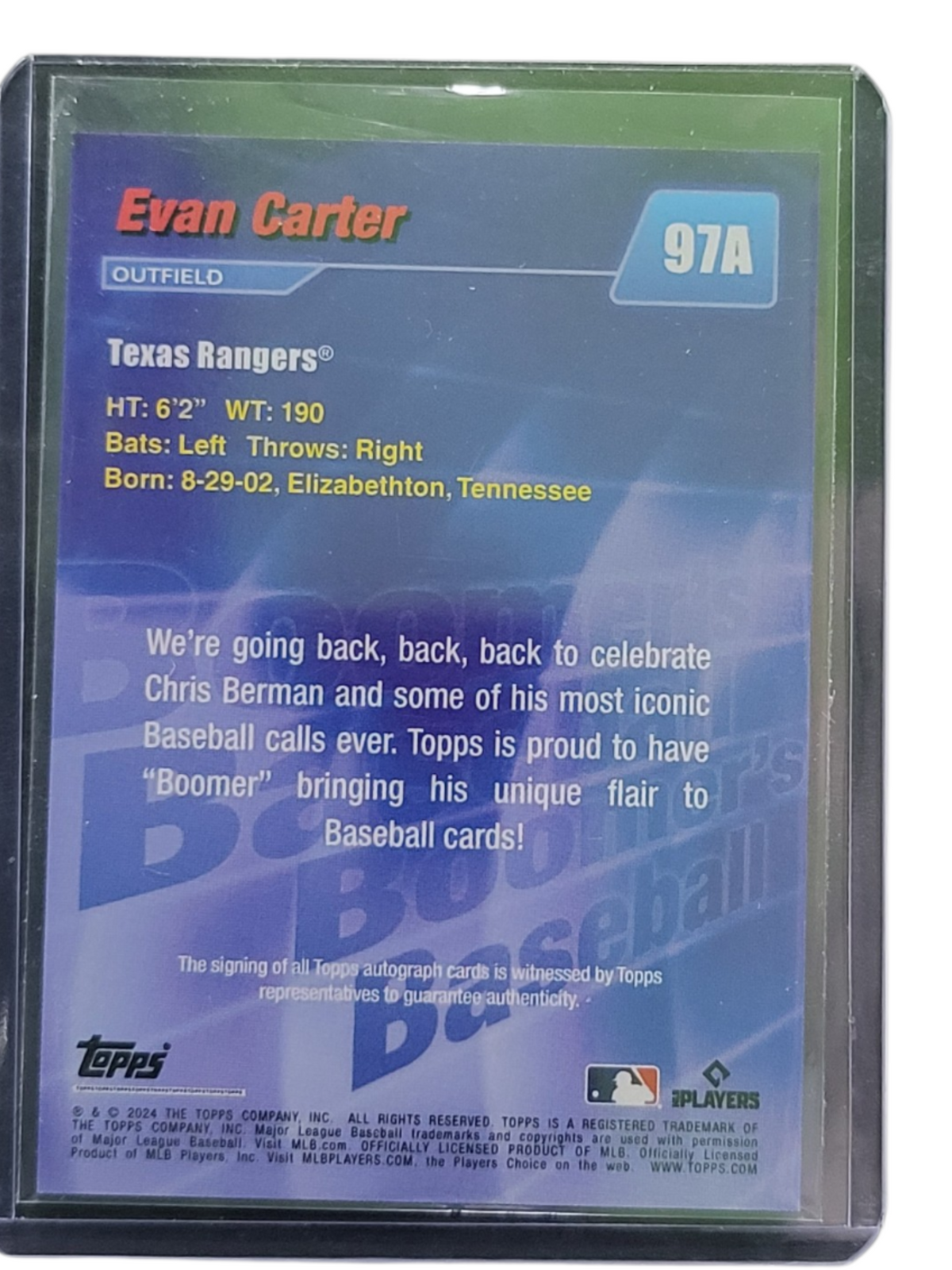 2024 Topps Boomer's Baseball Evan Carter #97A Purple 05/25 RC