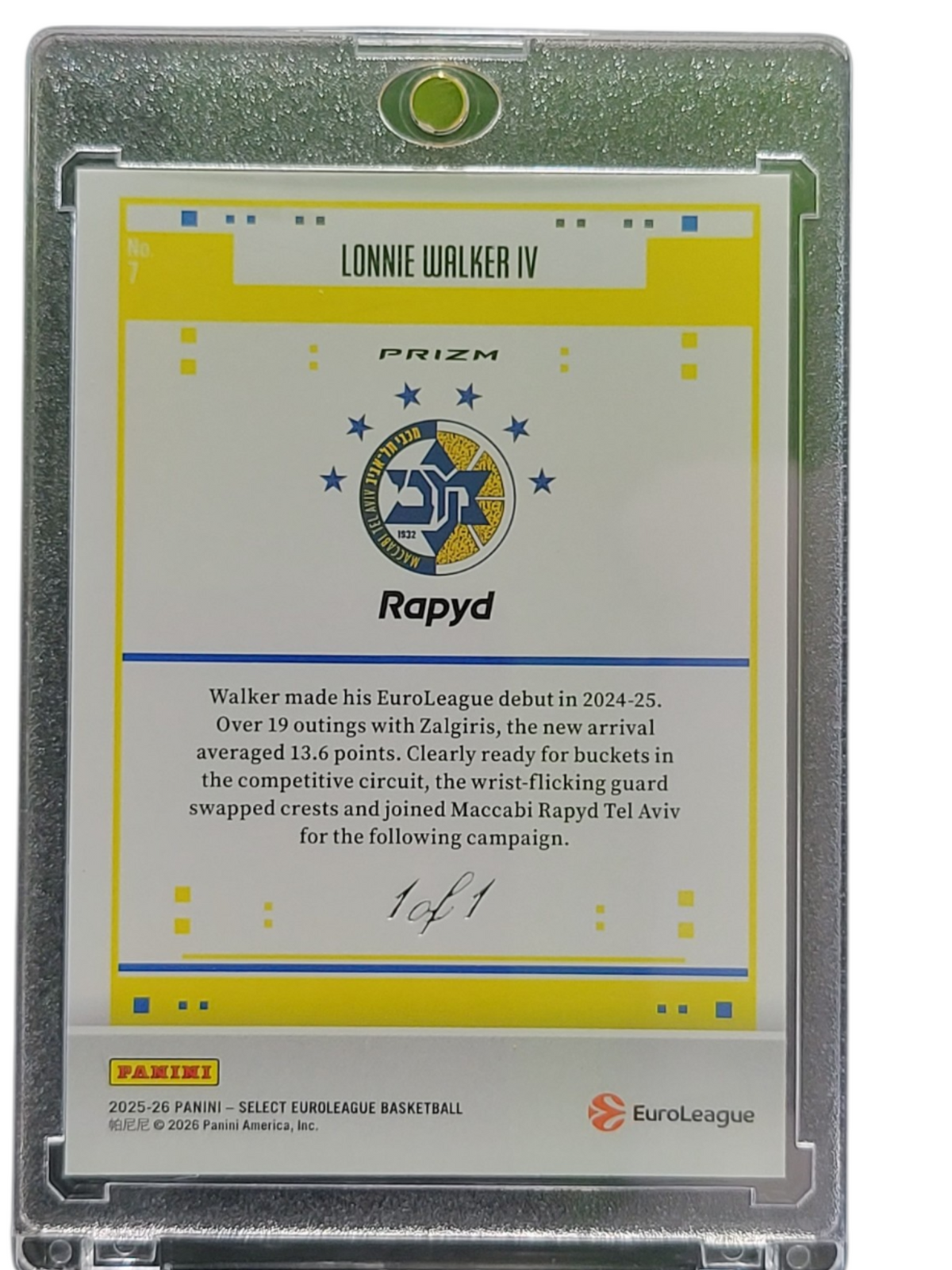2026 Panini Select EuroLeague Prizm Lonnie Walker IV #7 Yellow 1 of 1