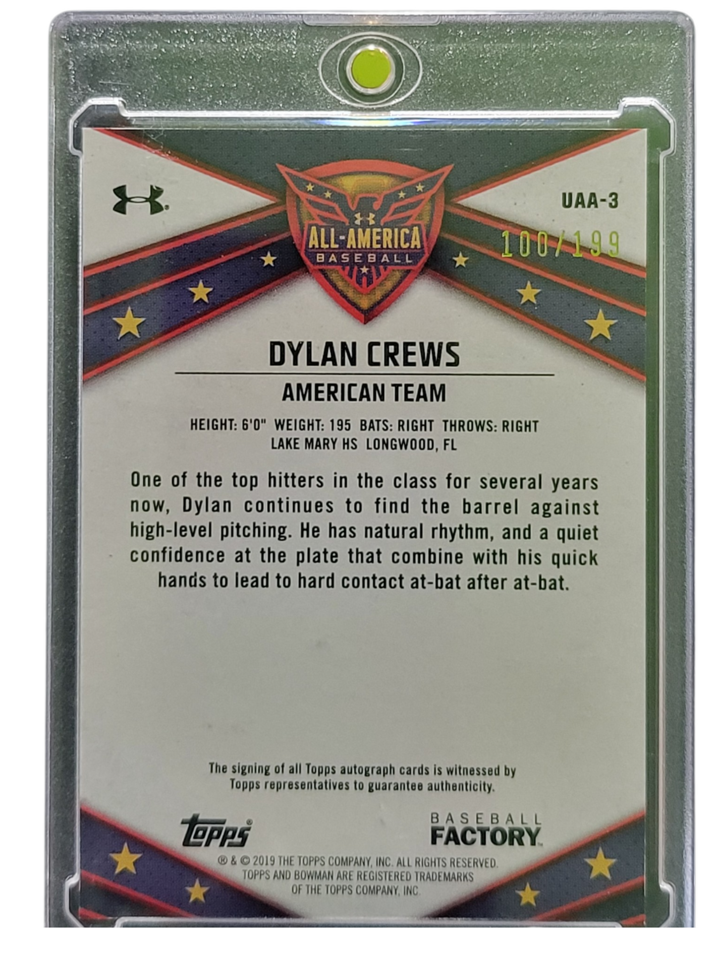 2019 Bowman Under Armour All-America Baseball Dylan Crews #UAA-3 100/199