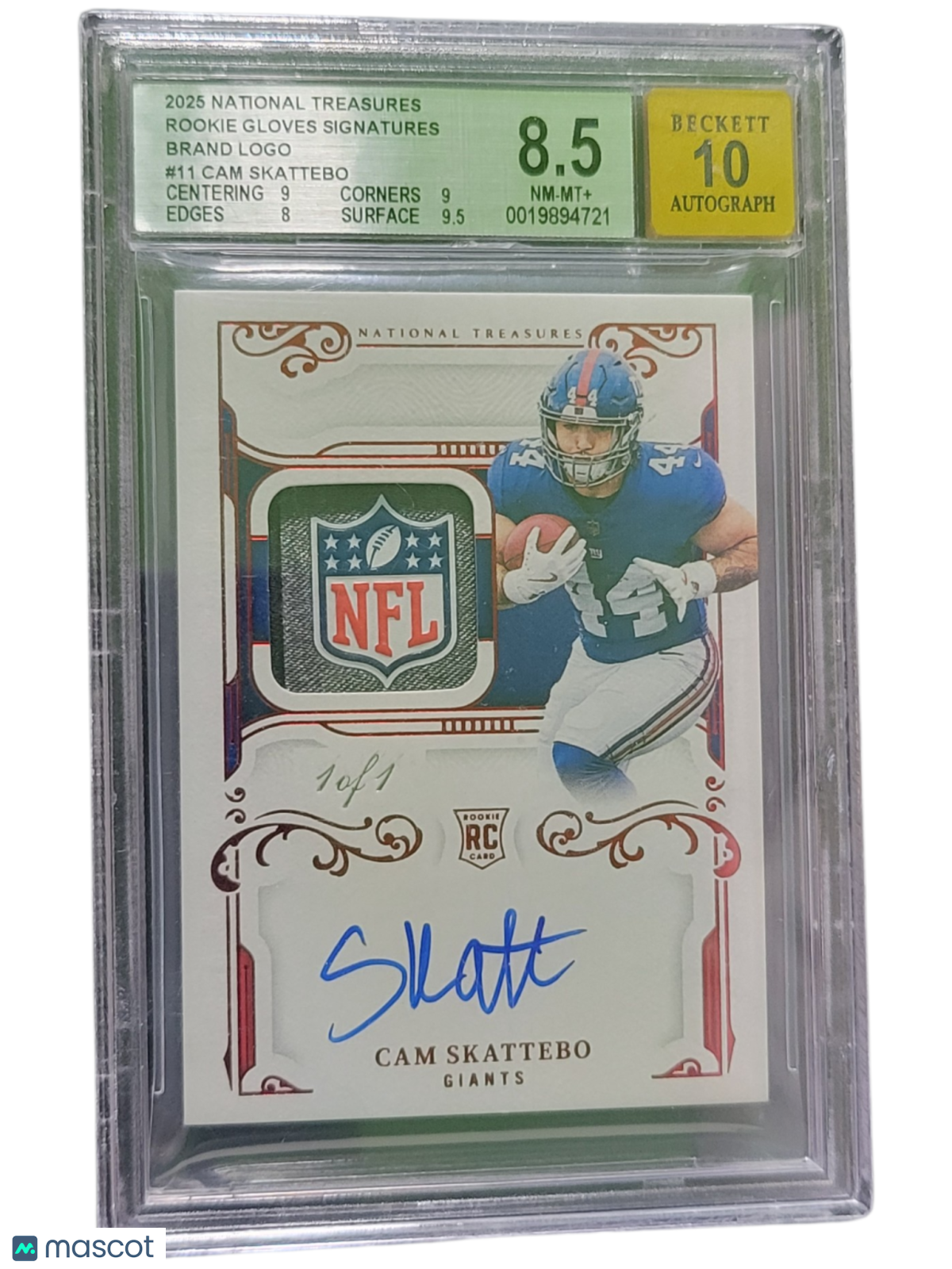 2025 Panini National Treasures Gloves 1/1 Logo Cam Skattebo #11 BGS Auto 10