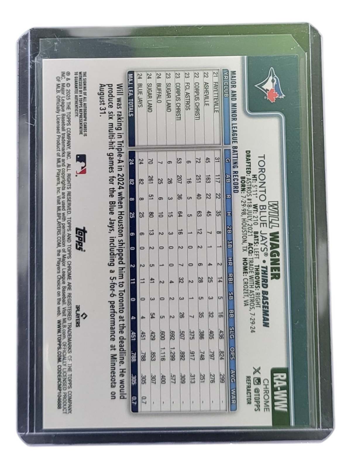 2025 Topps Chrome Will Wagner #RA-WW Refractor 184/499 RC