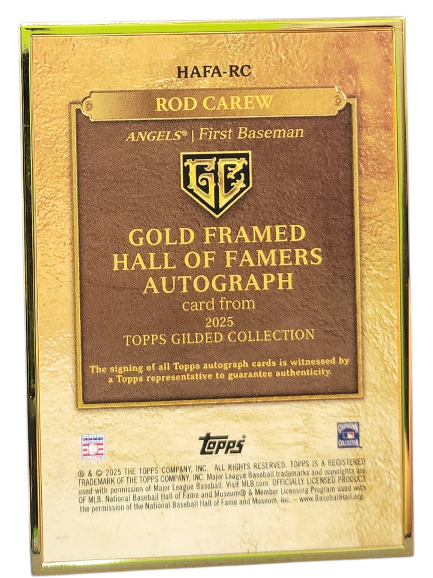 2025 Topps Gilded Rod Carew #HAFA-RC Gold Framed Hall of Famers Auto /50