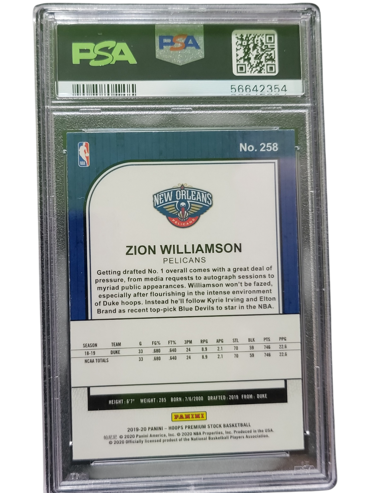 2019 Panini Hoops Premium Stock Zion Williamson #258 PSA 10