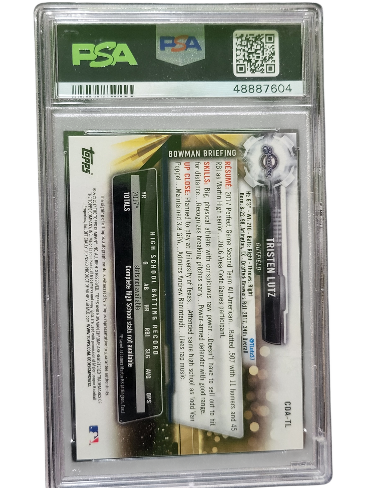 2017 Bowman Draft Chrome Draft Picks Autographs Tristen Lutz #CDATL Auto PSA 9