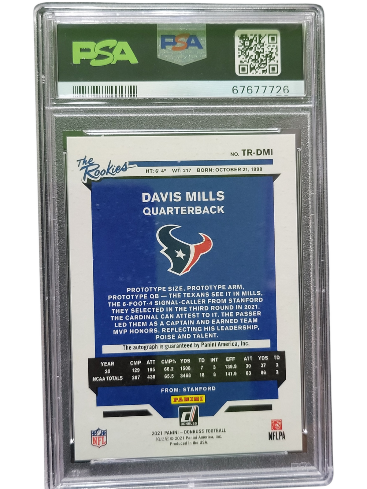 2021 Panini Donruss The Rookies Davis Mills #TR-DMI Autograph PSA 9
