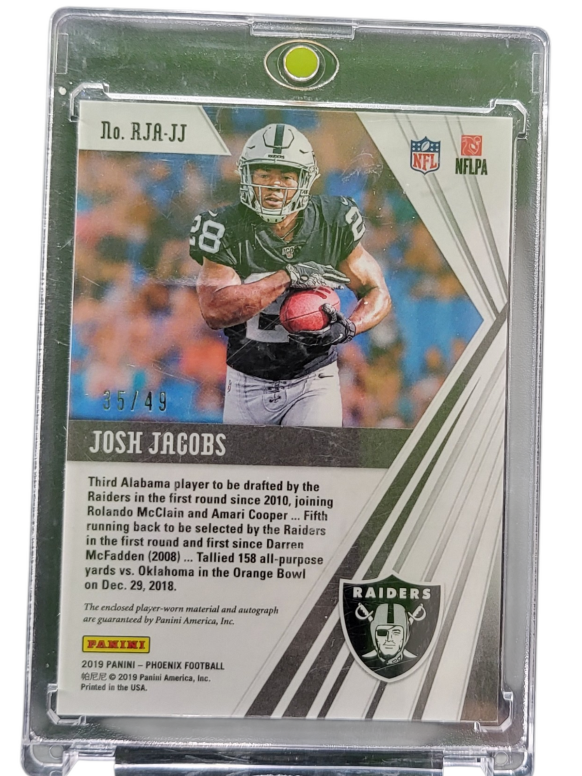 2019 Panini Phoenix Josh Jacobs #RJA-JJ Patch RC 35/49 Memorabilia