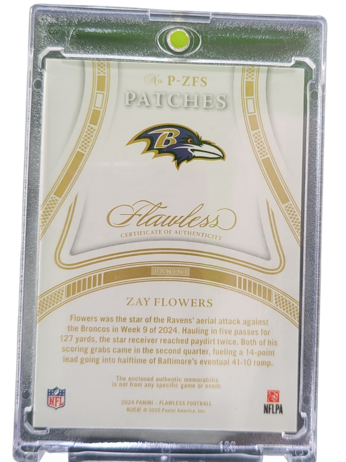2025 Panini Flawless Football Zay Flowers #P-ZFS 17/20 Patch Memorabilia