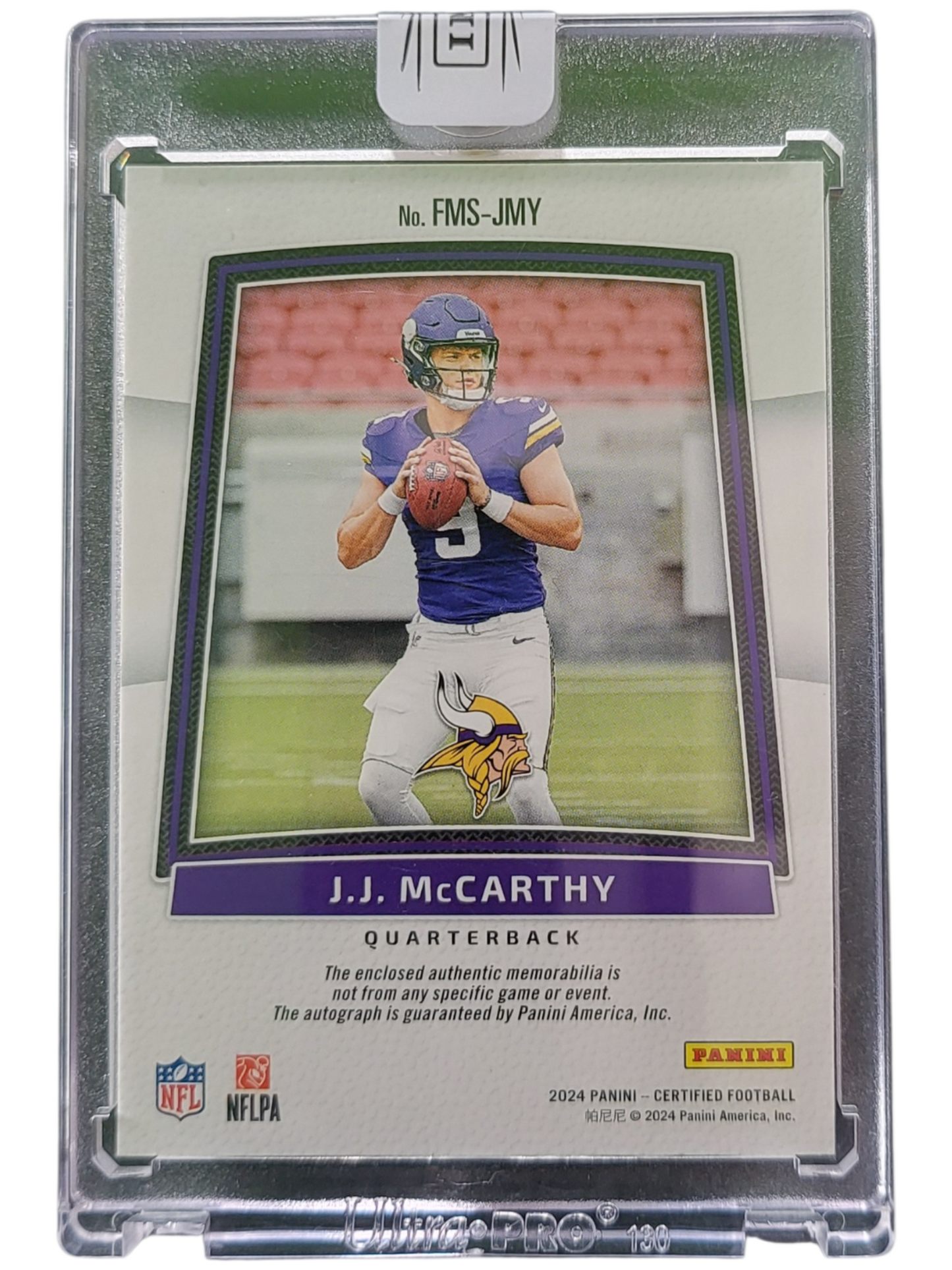 2024 Panini Certified Freshman Fabric J.J. McCarthy #FMS-JMY Autograph RC 111/215 Memorabilia