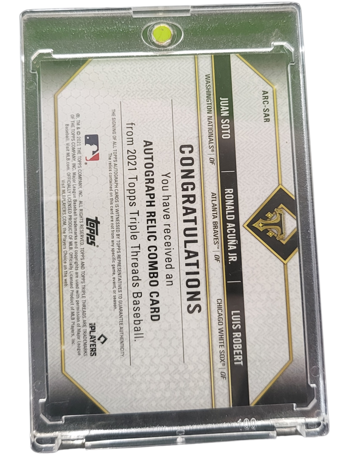 2021 Topps Luis Robert Juan Soto Ronald Acuña Jr. #ARC-SAR Auto Triple Relic /36