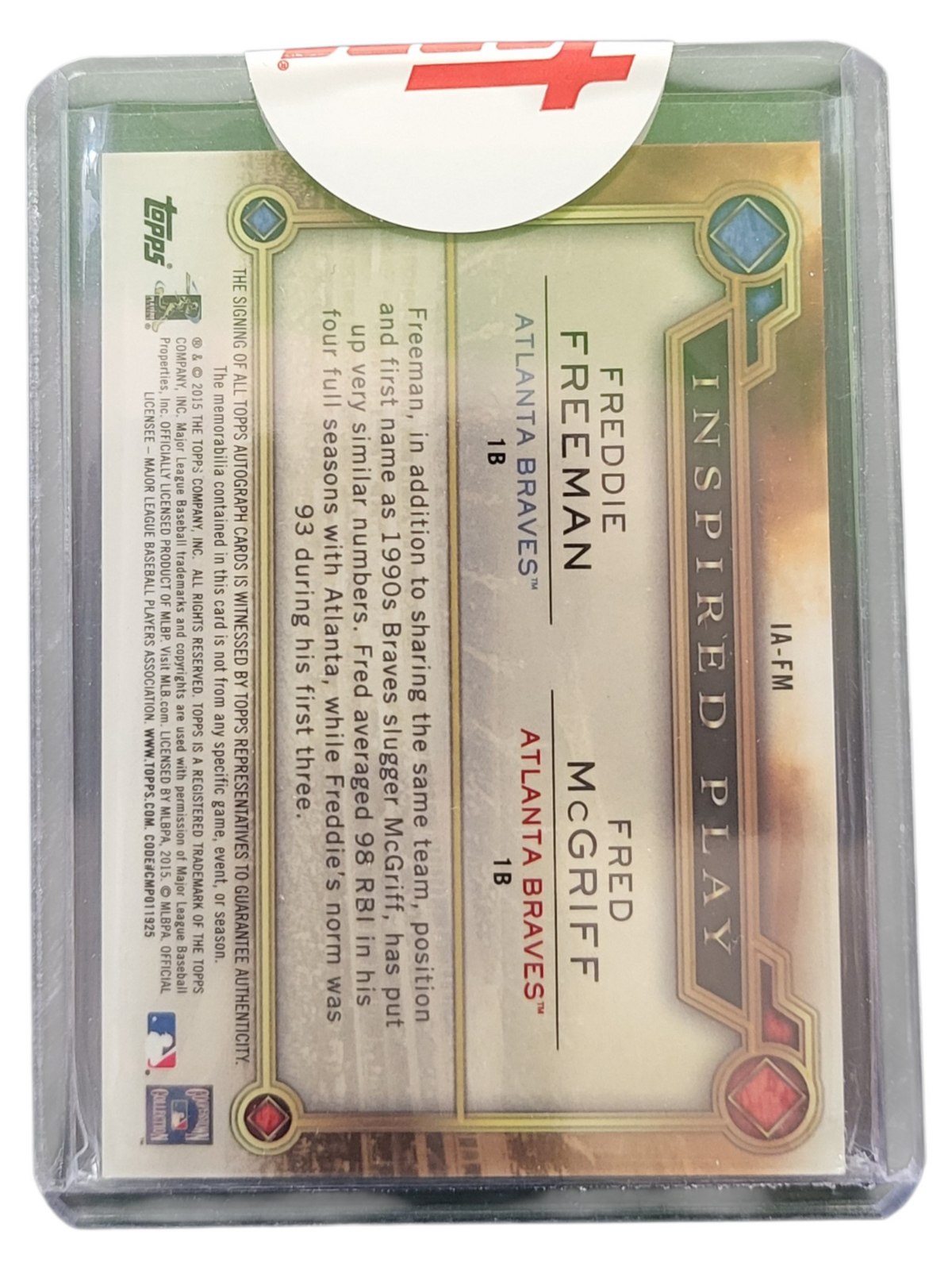 2015 Topps Tribute Fred McGriff Freddie Freeman #IA-FM Dual Auto Patch Bat Relic