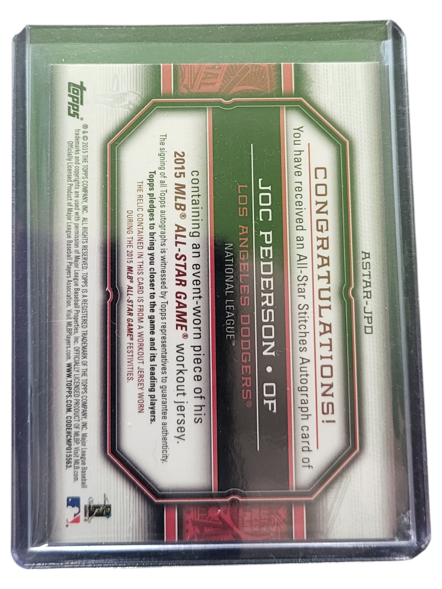 2015 Topps -Stitches Joc Pederson #ASTAR-JPD Event-Worn Jersey Autograph 05/25